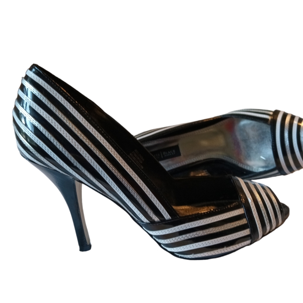 White House Black Market  Belinda Peep Toe black, white silver striped pumps
